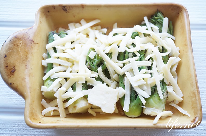 レシピ タラの芽とチーズのチヂミ風 : 銀座カーヴ・フジキ