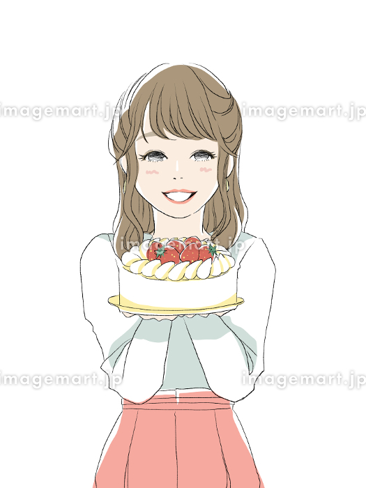 イチゴのケーキを持つ可愛い女の子のイラストのイラスト素材109230418- PIXTA