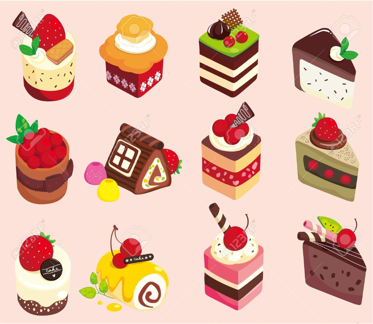 カップケーキやミルフィーユやロールケーキやパウンドケーキやパンケーキなどの、可愛いさくらんぼスイーツのアイコンいろいろのイラスト素材FYI07522372ストックフォトの Qlean Market キュリンマーケット