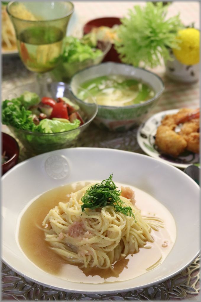 夜ご飯 📝 献立 *和風たらこスパゲティ ※レシピあり*ミネストローネ ※レシピあり*ほうれん草と人参のお浸し *ズッキーニの南蛮漬け*🍈 たらこスパゲティのレシピは、 既にブログに載せていますが、 今回は白だし使用バージョンです! 過去レシピは麺つゆ使用