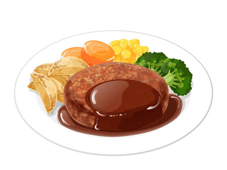 皿に盛られたハンバーグとエビフライのイラスト素材250888629 毎月1点無料 フリー のストックフォト イメージマート