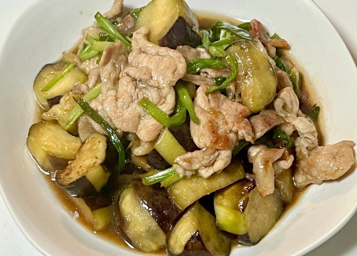 なすとピーマンの豚肉炒め大根おろしとゆずポン酢添え ゆずぽん酢使用、レシピ。