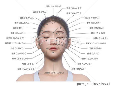 女性の顔のツボ ナチュラルな日本人3Dモデルの上半身 顔アップの3Dイラストのイラスト素材