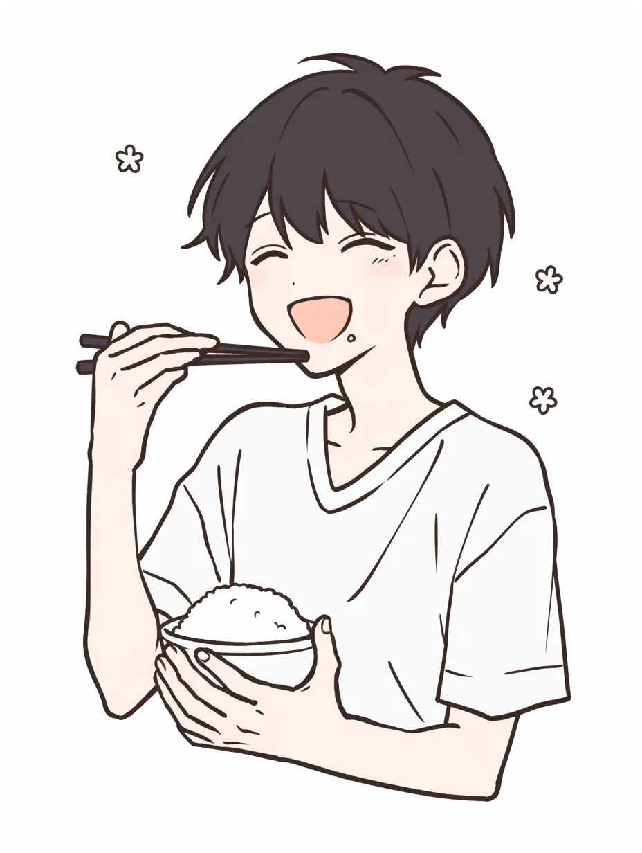 美味しそうにご飯を食べる男の子のイラスト