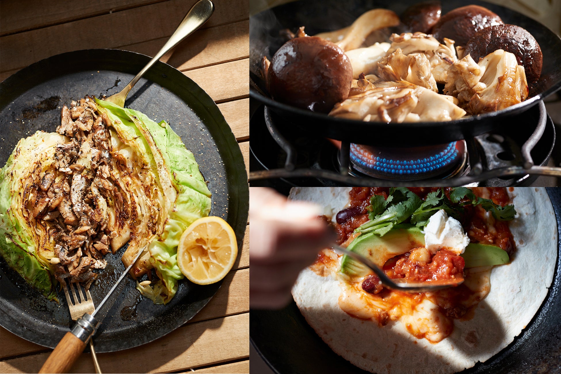 BBQ以外のかんたん激うまキャンプ飯4選！ BBQはもう飽きたよ～って方におすすめします！ ①アヒージョオリーブオイルに、ニンニク・マッシュルーム・シーフードミックスなどを入れて煮込むだけ！ ブラックペッパーと塩も焚き火であぶったパンと一緒に食べるとめちゃ