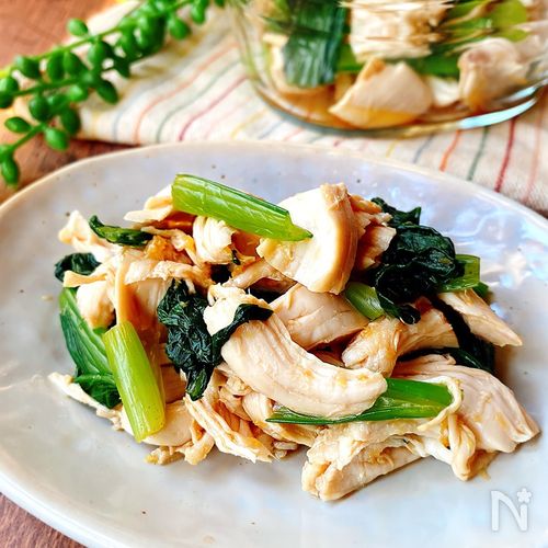 ドレ漬けチンチキンと小松菜で作り置きの冷たい小鉢♪