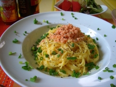 市販のパスタソースで簡単♡明太カルボナーラうどん