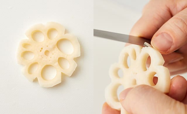 お正月の、筑前煮や酢れんこんに使うれんこんの飾り切り 花れんこん なんですけど﻿ ﻿ コレ、レンジでチンしてからやってみてください‼️ ﻿去年ESSEのおせちの仕事で失敗しまくってキィーーーなって考えた末に編み出したワザなんで、どこの料理の教科書にも載ってないん