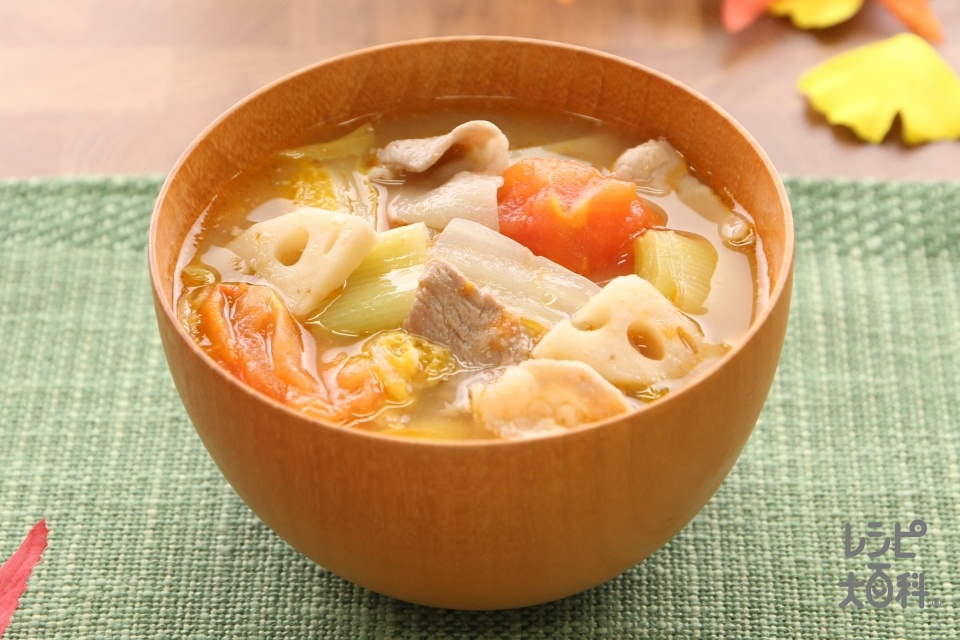 豚肉とキャベツのごま照り焼きの献立 主食：おかゆ、汁物：大根とチンゲン菜のみそ汁 献立・メニュー 味の素パーク たべる楽しさを、もっと