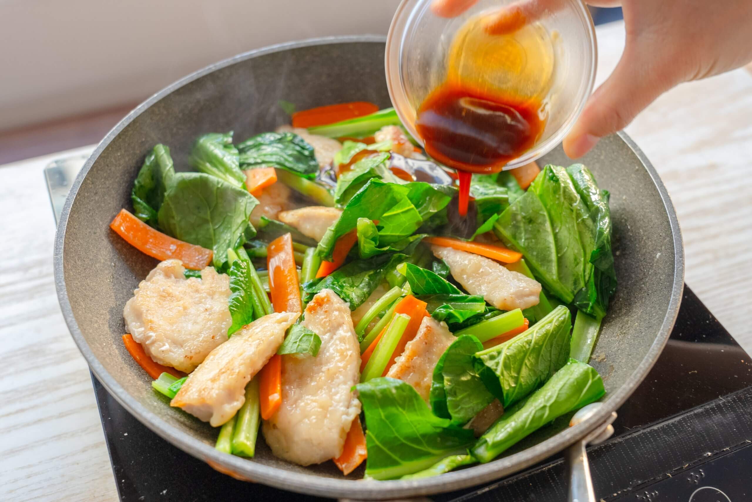 鶏むね肉と小松菜のオイスター炒め - 週末シェフの家呑みレシピ