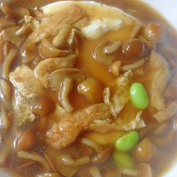 なめこと崩し豆腐のかき玉あんかけスープ