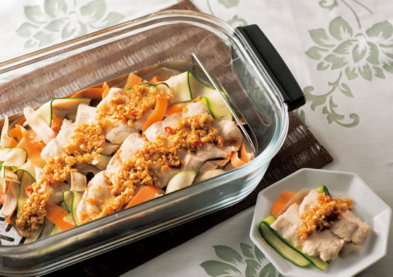 たっぷり香味野菜ダレの鶏ももレンジ蒸し