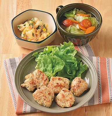 小松菜と鶏肉の和風ガーリックバター炒め＜塩分控えめ＞の献立 副菜：和風ポテトサラダ、汁物：新たまねぎのみそ汁 献立 ・メニュー 味の素パーク たべる楽しさを、もっと