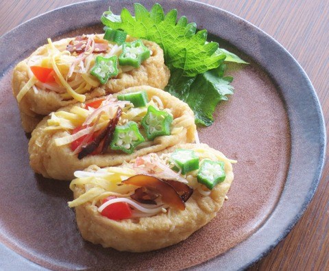 夏野菜の焼き浸し&稲荷素麺, 夏を感じた✨焼き浸し最高☀️, 稲荷に素麺詰めるだけでなんだか特別感ある🫶🏻, めちゃ美味しかった🥰,簡単レシピレシピ料理おうちご飯おうちごはんおうちごはんlover自炊自炊日記ごはん記録晩ごはん同棲ごはん料理記録手料理献立素麺焼き浸し