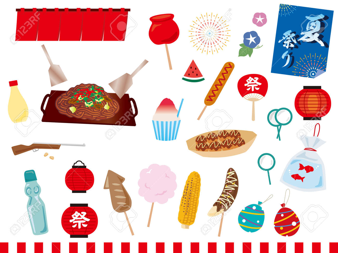 夏といえばお祭りということで屋台の食べ物を描いてみました！, お祭りといえばどんな食べ物が思い浮かびますか？, When we think ofsummer, festivals come to mind!, What kind of food comes to mind when youthink of festivals?,食べ物イラストイラストお祭り屋台屋台グルメ 夏