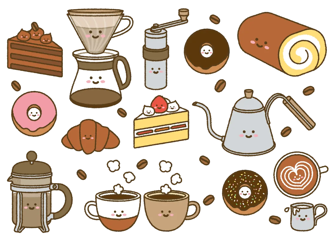 Vetor 白黒、モノトーン、線画のイラスト 手書き、ミルク、カフェ、ランチ、コーヒー、デザートBlack-and-white,monotone, and line drawing illustrations.Handwritten, milk, cafe, lunch,coffee, dessert. do StockAdobe Stock