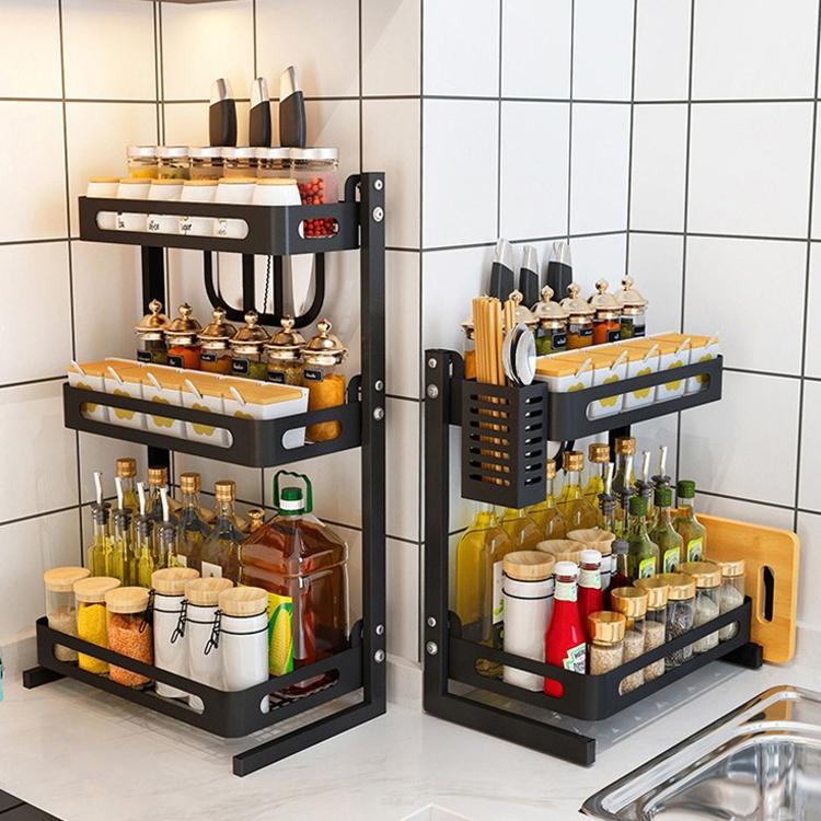 Amazon調味料ラック丸型 360°回転可能な スパイスラック 大容量 省スペース多機能 浴室用ラック台所収納 調味料収納鏡台洗面台化粧品収納組み立てが簡単キッチン収納ラック卓上回転トレー3層26 × 57cm, 黒 調味料・スパイスラック オンライン通販