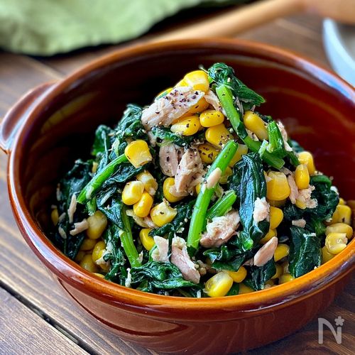 冷凍ほうれん草と卵のソテーの献立 副菜：りんごとツナのサラダ、汁物：ちょい足し！大豆入りコーン スープ 献立・メニュー 味の素パーク たべる楽しさを、もっと