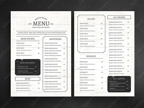 メニュー作りの参考に！カフェ&レストラン無料メニューテンプレート5セット 商用可・EPS