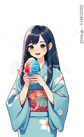 浴衣でかき氷を食べる女性シルエット イラストの無料ダウンロードサイト「シルエットAC」