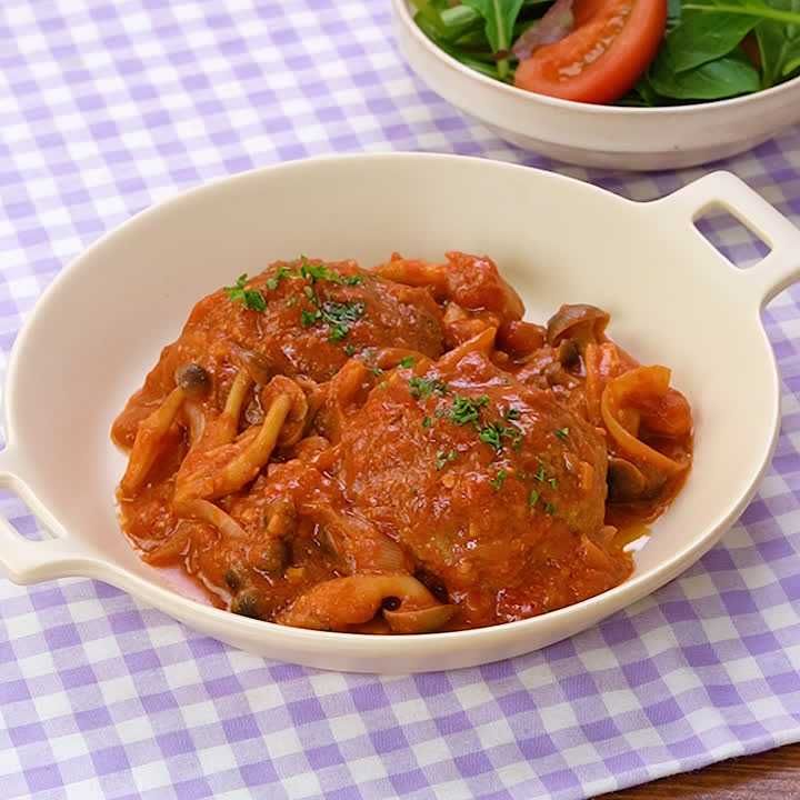 トマト煮込みハンバーグ&レンチンポテトとソース風味のバターコーン、ほうれん草のみそ汁 3人分