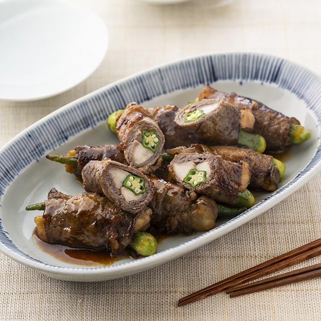 揚げ茄子とオクラとエリンギのマヨ炒め