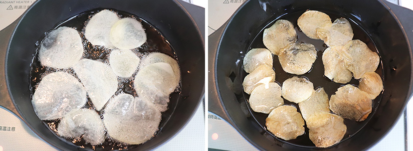 ○自家製のり塩チップス 1 フライパンに深さ1センチ程度まで油を入れ180℃に温める 2 ライスペーパーを静かに入れ揚げる 3袋に、少し冷ましたライスペーパー3枚分を割り入れ、塩5gと青のり3gを入れて振り、器に盛り完成！ ☆ポテトチップスを作るよりお手軽に自家製