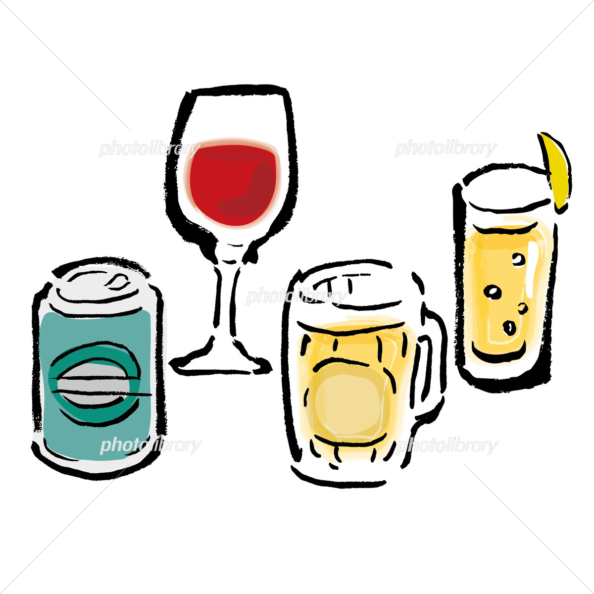 アルコールドリンク ラインイラストセット：イラスト無料