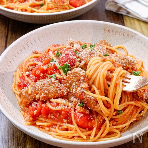 あっさりこくうま「ひき肉となすのトマトパスタ」簡単 時短 節約