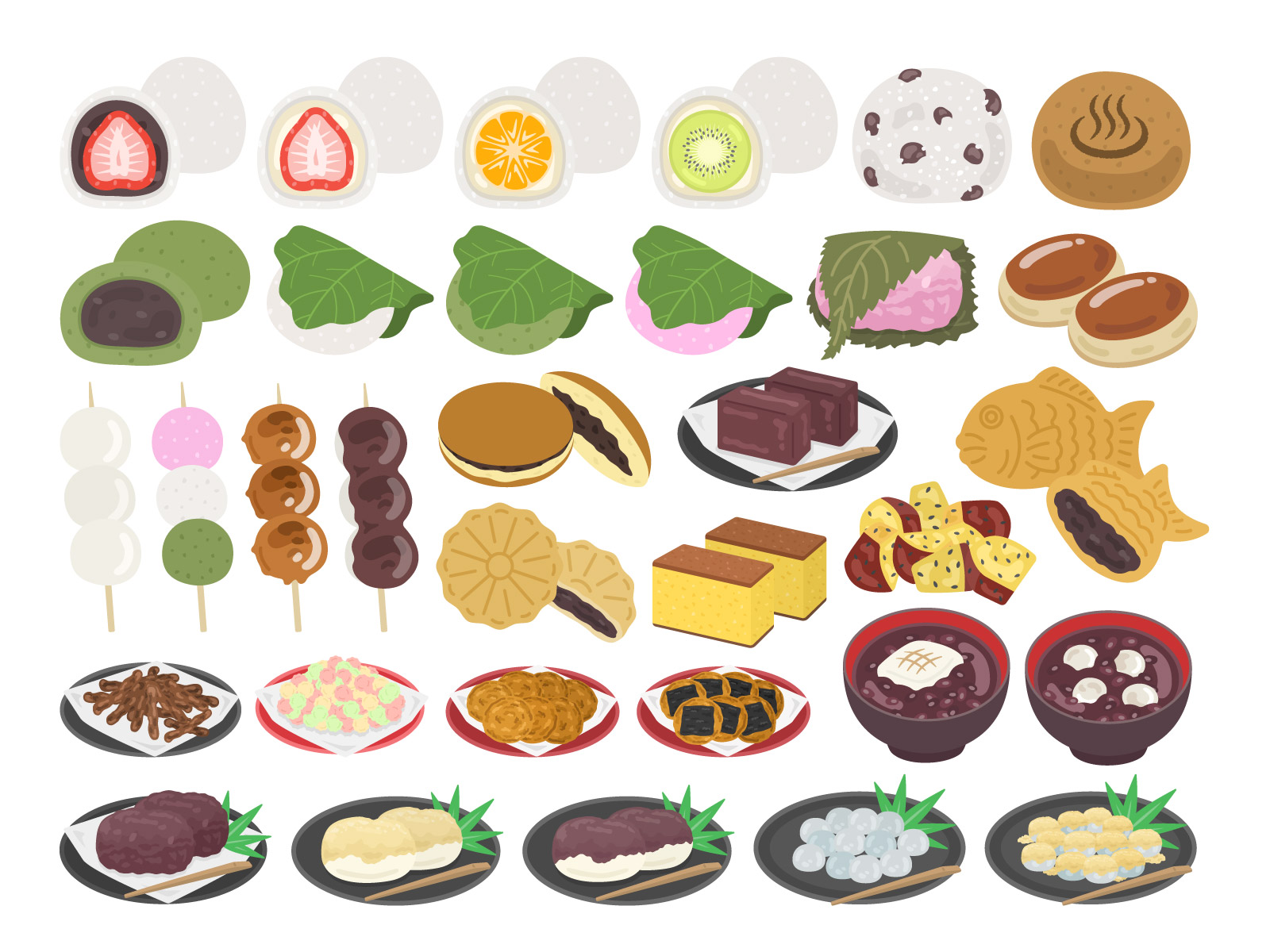 無料素材花や果物をかたどった和菓子の練り切りのイラスト