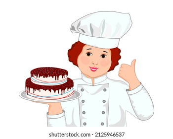 ケーキを片手で持ったウェイトレスのイラスト - 無料イラストのIMT 商用OK、加工OK