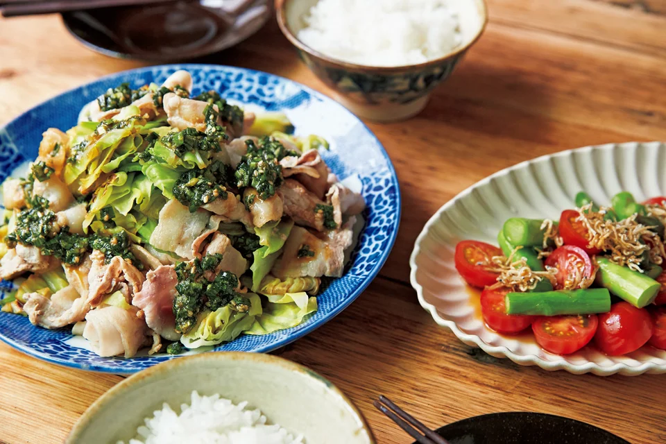 豚肉とキャベツのフライパン蒸し にらだれ添え