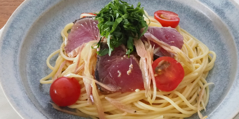 たたきオクラとかつおのパスタ