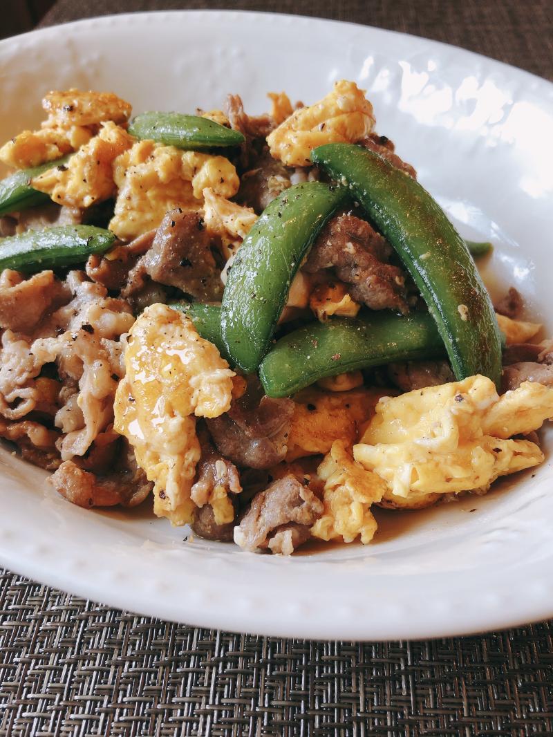 豚バラ肉とスナップえんどうの中華炒め”たまご入り♡”