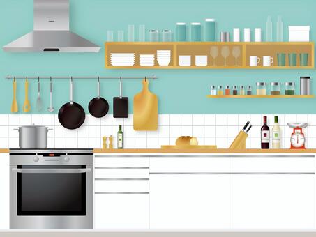 食材やオーブントースターや鍋が並ぶキッチン 02237013904 の写真・イラスト素材アマナイメージズ