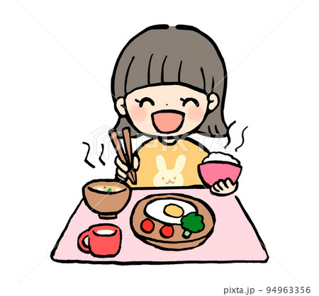 ご飯を食べる子どものイラスト お茶碗えんぴつと画用紙