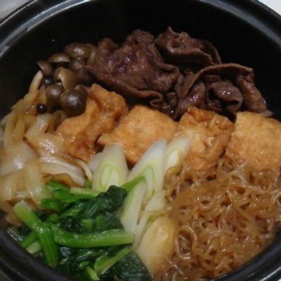 しらたき、椎茸厚揚げのすき焼き風卵黄のせ