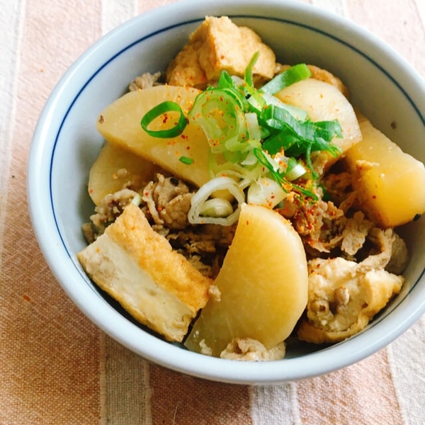 厚揚げと豚コマ肉の辛味噌炒め