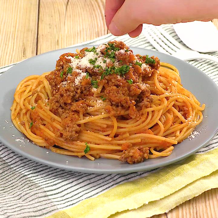 ボロネーゼ風♡ひき肉のトマトパスタ ワンパン＆包丁不要♡