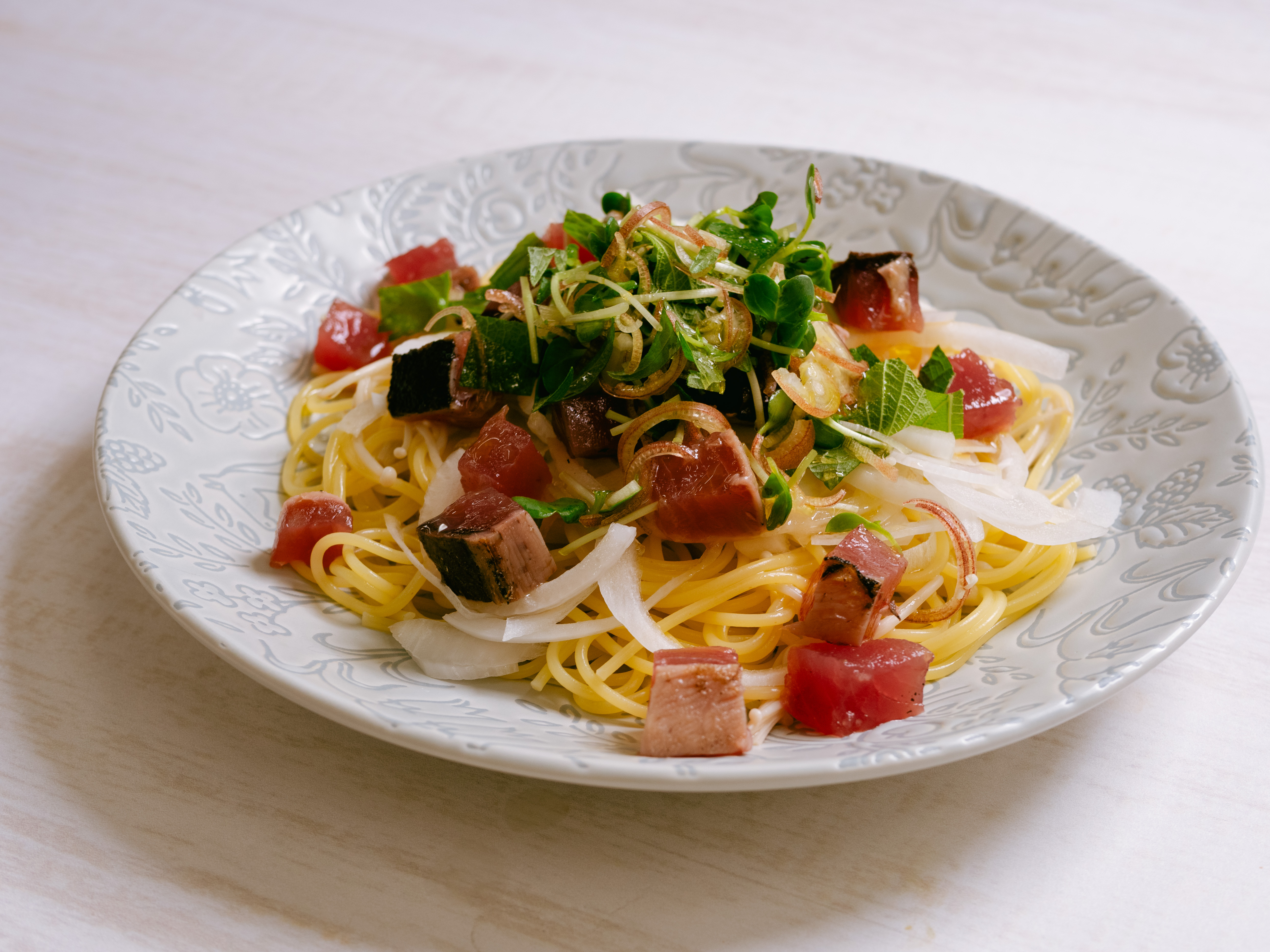 冷製フェデリーニ 鰹のたたき 青唐辛子とニンニクのソースフェデリーニfedelini冷製パスタパスタpastaディチェコdececco鰹カツオかつおかつおのたたきカツオのたたきイタリアイタリア料理イタリアンItalia料理料理好きな人と繋がり