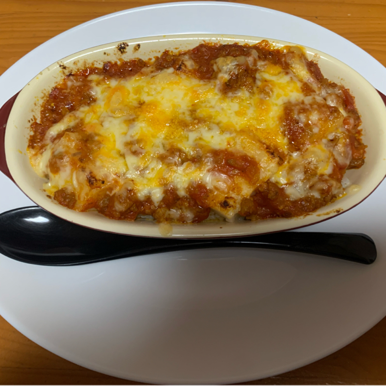 余ったミートソースで！厚揚げときのこのミートソースグラタン