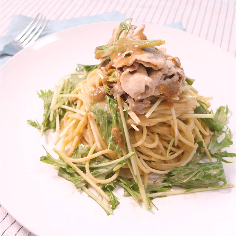 豚肉と茄子と水菜の簡単和風パスタ