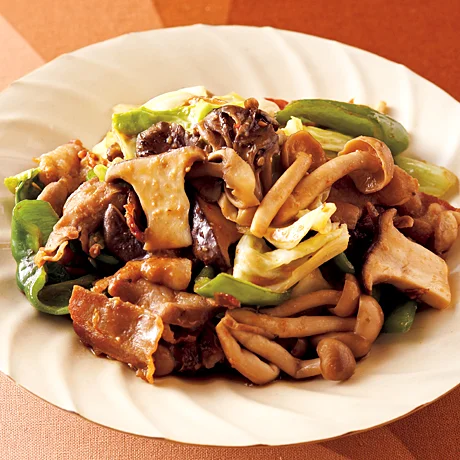 豚こまとなすと舞茸のにんにく生姜旨味噌マヨ炒め