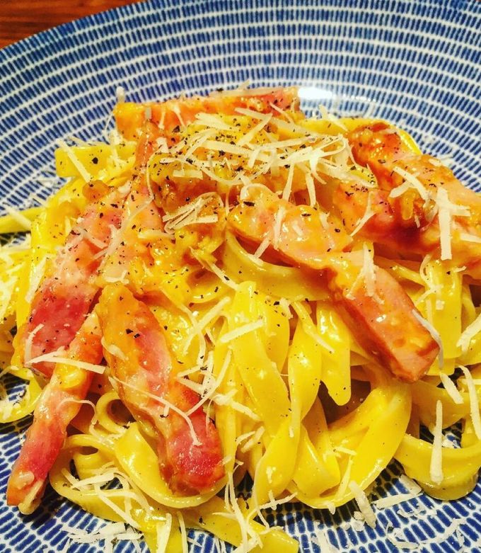 本格カルボナーラ ショートパスタのリガトーニでカルボナーラ！パンツェッタとペコリーノロマーノで本場ローマの味を手作りで堪能！ Rigatonialla carbonara