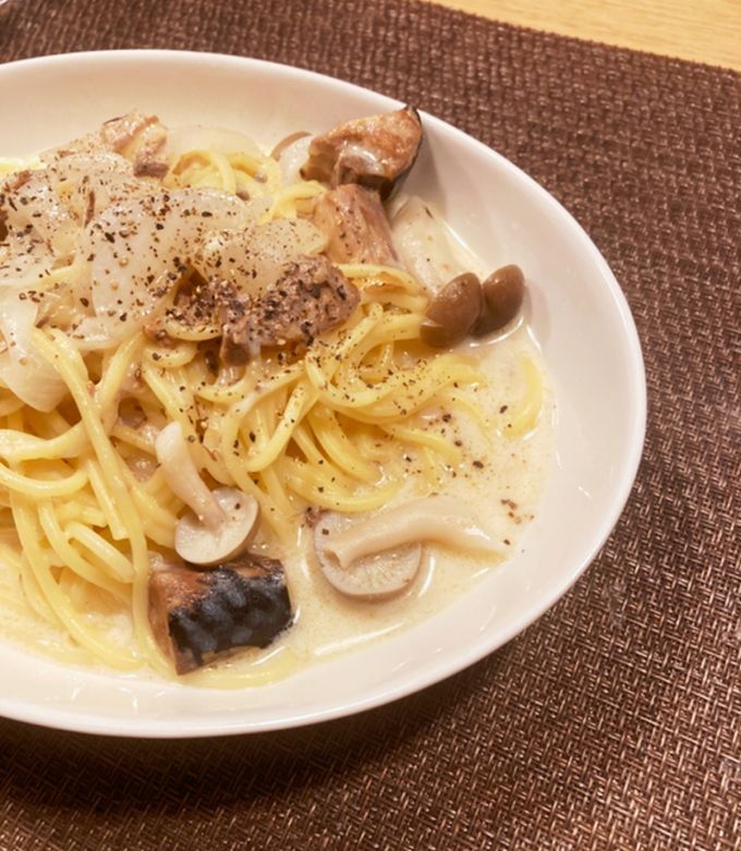 簡単!ワンパン!鯖缶クリーム風パスタ