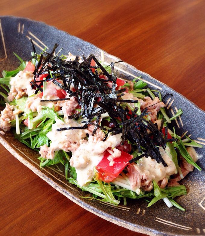 2行レシピ!水菜とちくわの梅マヨ和え