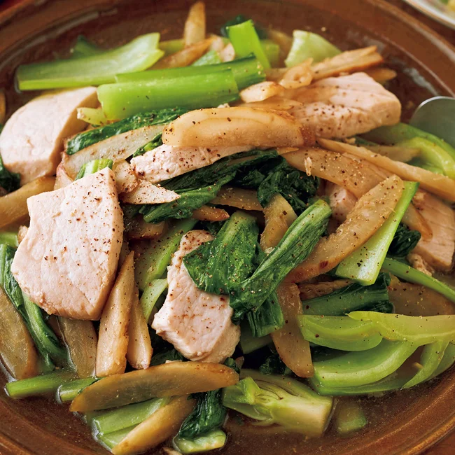 「とり肉と小松菜のオイスターマヨ炒め」の献立