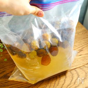 ジップロックで簡単梅シロップ！, 使うのはジップロックＬサイズ。,動画ではピンクのジッパー付いてるのを使っていますが、普通の青い冷凍用のジップロックのほうが丈夫で良かったです。, ジップロックＬサイズ, 梅500g,氷砂糖またはそのほかの糖分500g, スパイスや、お酢など加えてもオッケー👌, あまり入れ好きないで、このくらいの量にしておいてね。,保管は冷蔵庫でも常温でもオッケー👌,