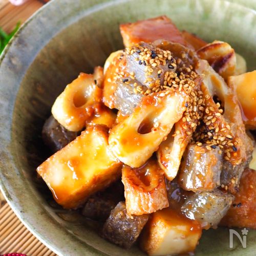 から揚げと厚揚げのめんつゆ炒め