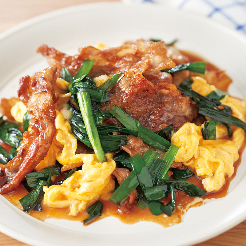 豚バラとにら、卵のてりてり炒め